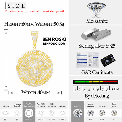 Bull Head Moissanite Pendant – 60MM Height | VVS1 Moissanite | GRA Certified