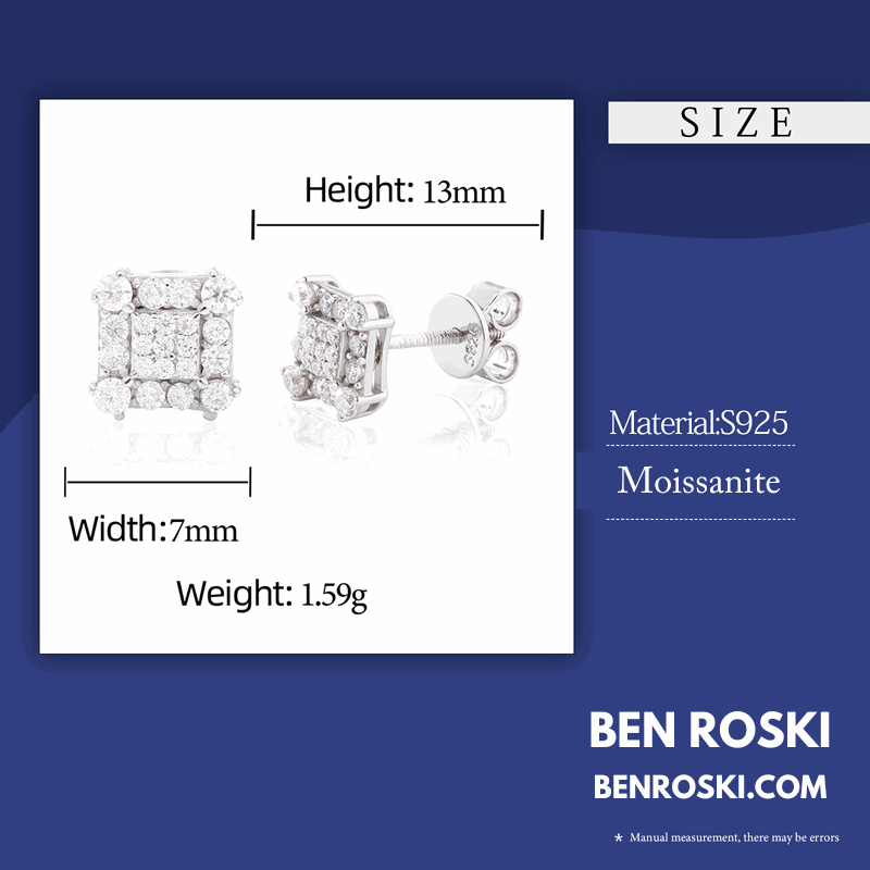 Square Cluster Stud Earrings Sterling Silver, Gold & Rose Gold Plated | VVS Moissanite | GRA Certified