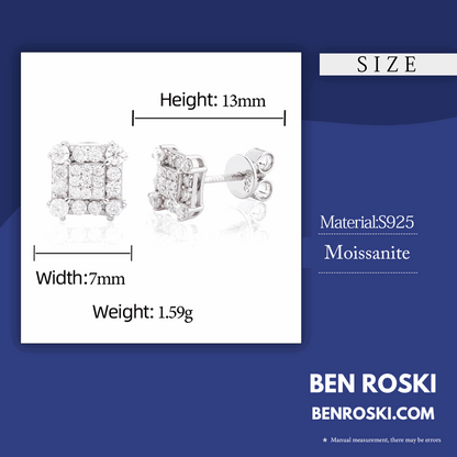 Square Cluster Stud Earrings Sterling Silver, Gold & Rose Gold Plated | VVS Moissanite | GRA Certified