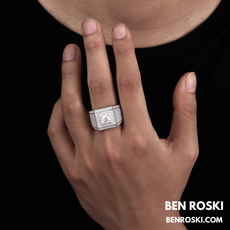 Men’s Iced Moissanite Square Statement Ring Sterling Silver, Gold, or Rose Gold | VVS Moissanite | GRA Certified