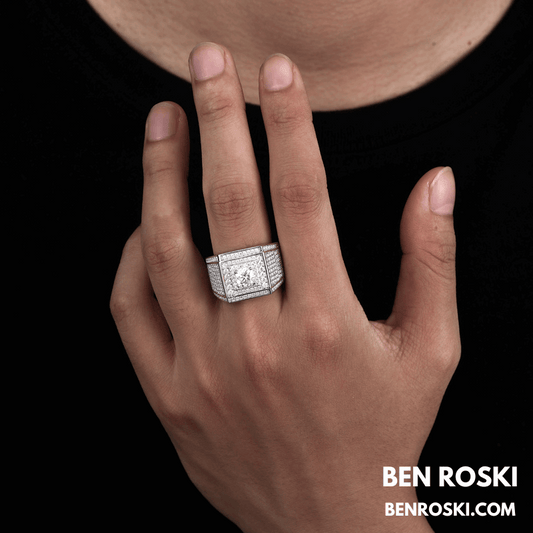 Men’s Iced Moissanite Square Statement Ring Sterling Silver, Gold, or Rose Gold | VVS Moissanite | GRA Certified