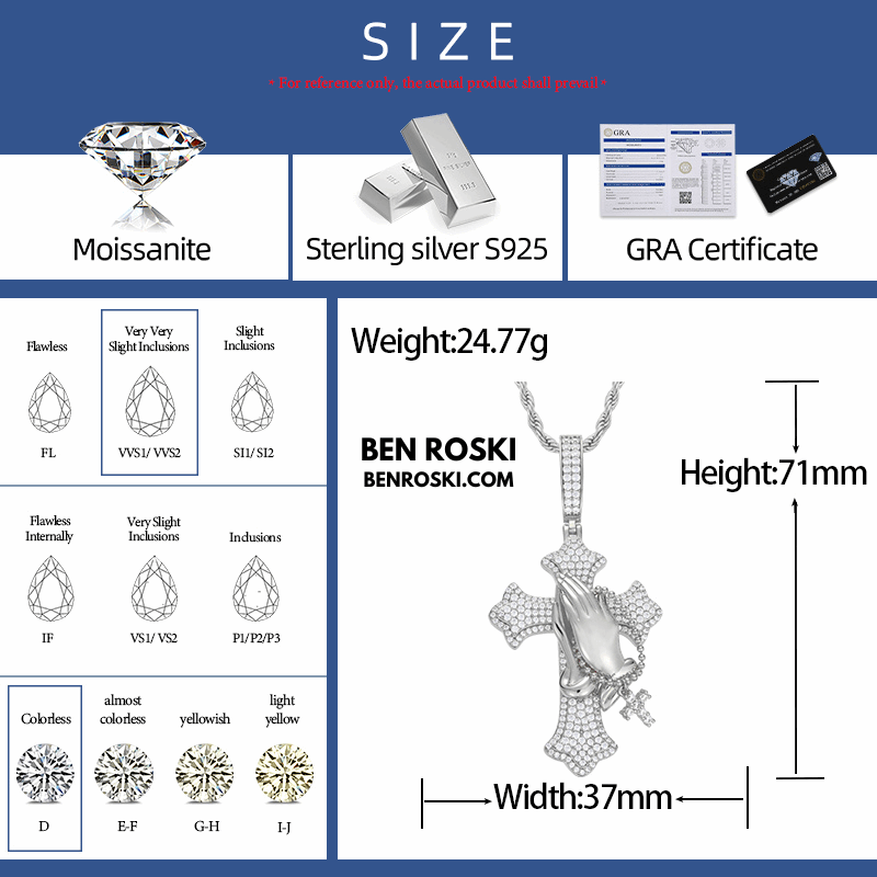 Praying Hands Cross Pendant – 71MM Height | VVS1 Moissanite | GRA Certified