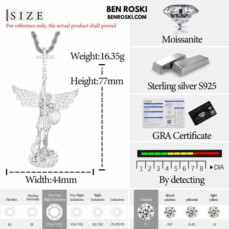 Archangel Michael Pendant – 77MM Height |  VVS1 Moissanite | GRA Certified