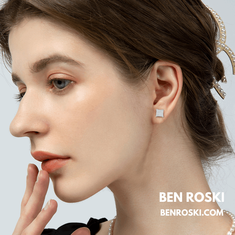 Square Cluster Stud Earrings Sterling Silver, Gold, or Rose Gold | VVS Moissanite | GRA Certified