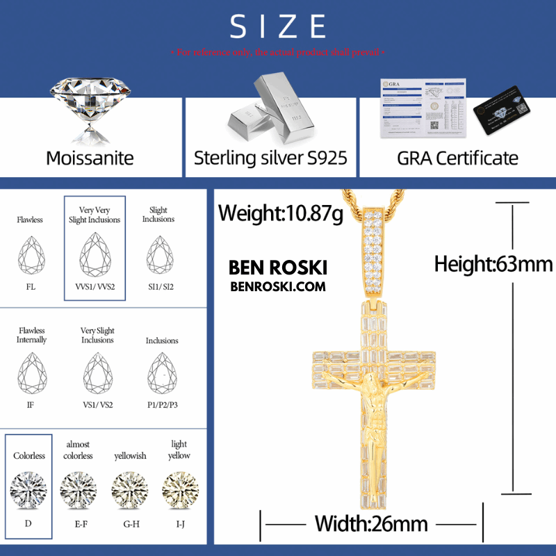 Jesus Crucifix Cross Pendant – 63MM Height |  VVS1 Moissanite | GRA Certified