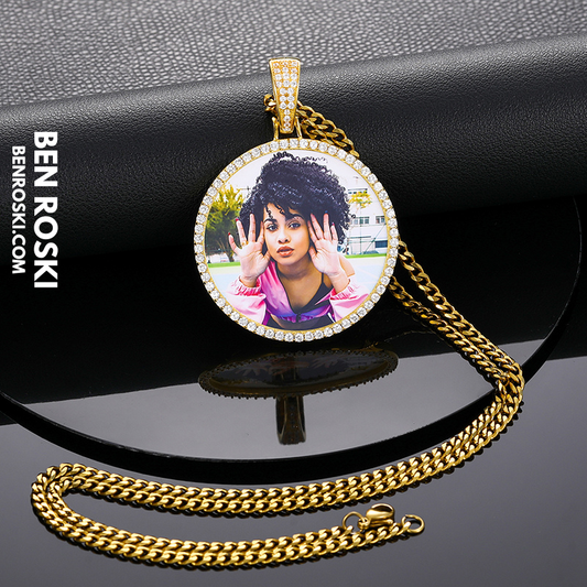 Custom Photo Round Pendant Sterling Silver or Gold & Rose Gold Plated | Moissanite | GRA Certified