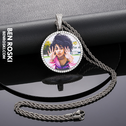 Custom Photo Round Pendant Sterling Silver or Gold & Rose Gold Plated | Moissanite | GRA Certified