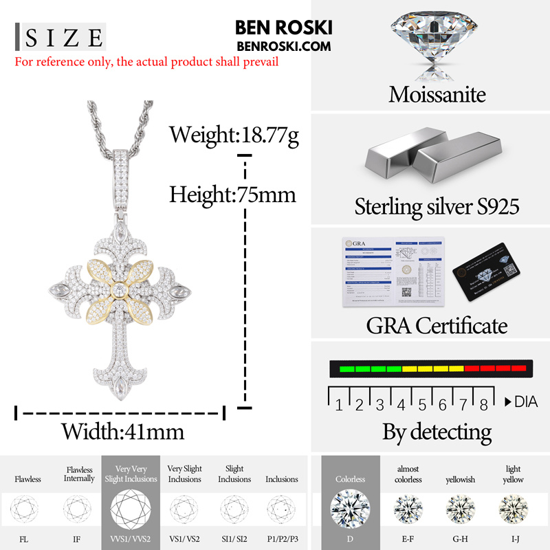 Floral Cross Pendant Sterling Silver, Gold & Rose Gold | VVS Moissanite | GRA Certified