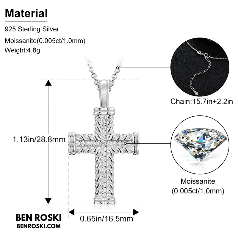 Rope-Edge Moissanite Cross Pendant Sterling Silver, Gold, or Rose Gold | VVS Moissanite | GRA Certified