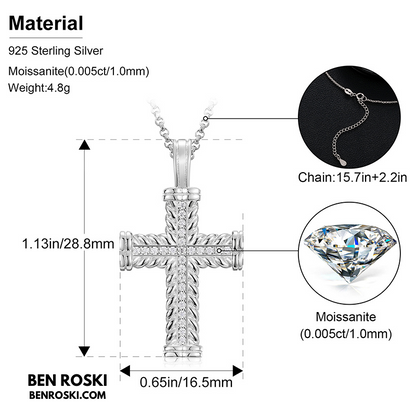 Rope-Edge Moissanite Cross Pendant Sterling Silver, Gold, or Rose Gold | VVS Moissanite | GRA Certified