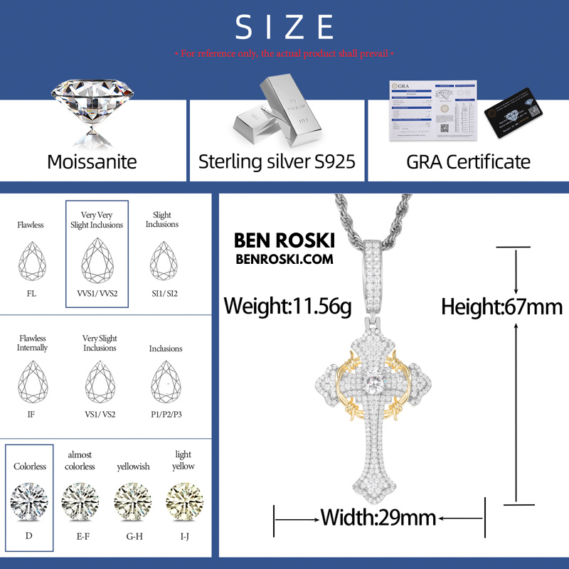 Barbed Cross Pendant Sterling Silver or Gold/Rose Gold Plated | VVS Moissanite | GRA Certified