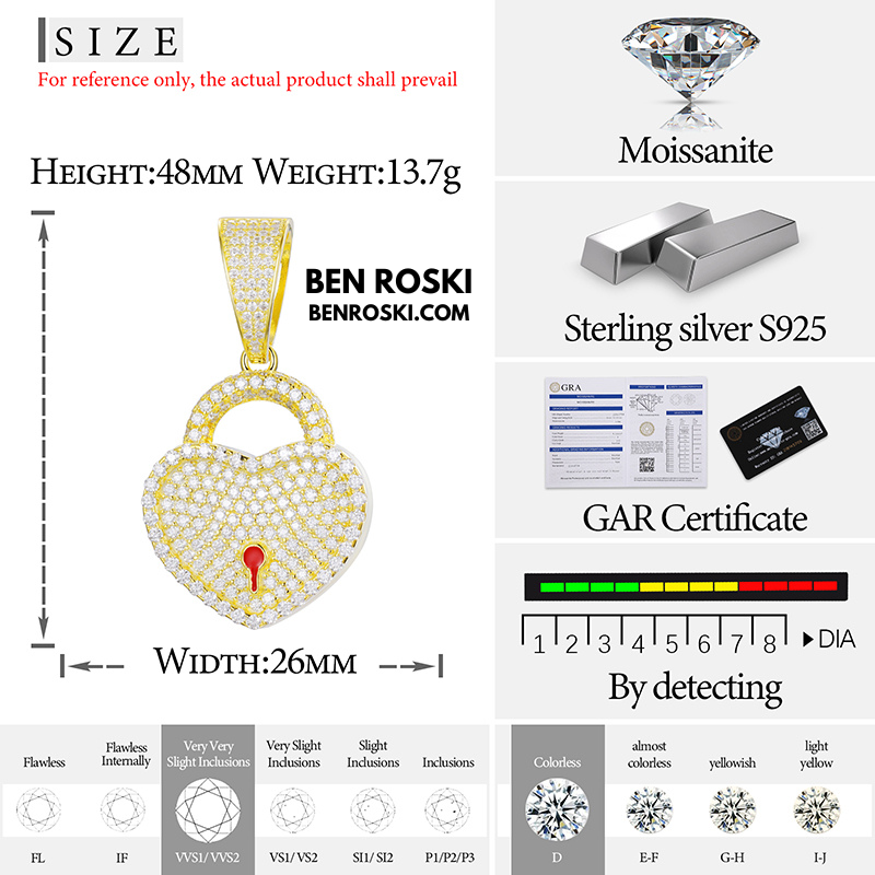 Heart Lock Pendant Sterling Silver or Gold/Rose Gold Plated | VVS Moissanite | GRA Certified