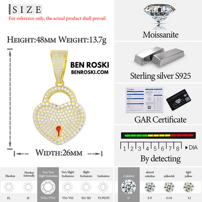 Heart Lock Pendant Sterling Silver or Gold/Rose Gold Plated | VVS Moissanite | GRA Certified
