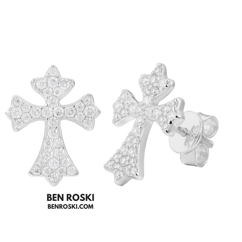 Cross Moissanite Stud Earrings Sterling Silver, Gold & Rose Gold | VVS Moissanite | GRA Certified