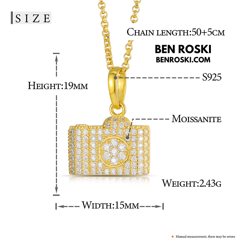 Camera Pendant Necklace Sterling Silver or Gold / Rose Gold Plated | VVS Moissanite | GRA Certified