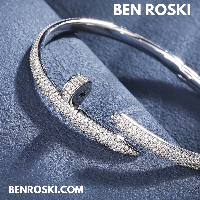 Nail Moissanite Bangle Sterling Silver, Gold Plated & Rose Gold Plated over 925 Silver | GRA Certified