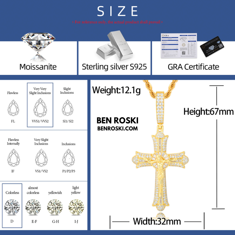 Crucifix Moissanite Cross Pendant Sterling Silver, Gold & Rose Gold | VVS Moissanite | GRA Certified