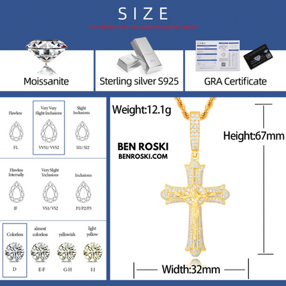 Crucifix Moissanite Cross Pendant Sterling Silver, Gold & Rose Gold | VVS Moissanite | GRA Certified