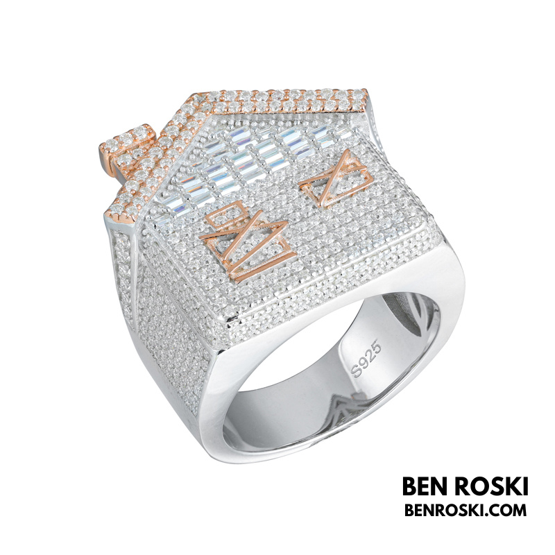 Iced-Out Roman Numeral Mansion Ring Sterling Silver or Gold/Rose Gold Plated | VVS Moissanite | GRA Certified