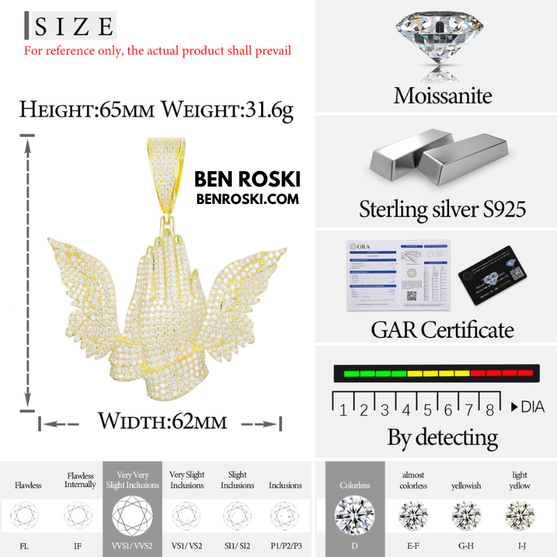 Praying Hands with Wings Pendant Sterling Silver, Gold, or Rose Gold | VVS Moissanite | GRA Certified