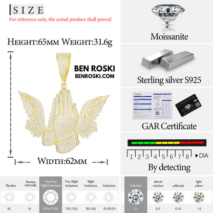 Praying Hands with Wings Pendant Sterling Silver, Gold, or Rose Gold | VVS Moissanite | GRA Certified