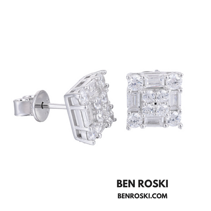 Square Cluster Stud Earrings Sterling Silver, Gold, or Rose Gold | VVS Moissanite | GRA Certified