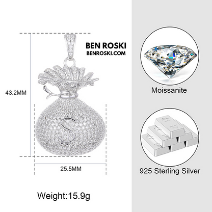 Money Bag Pendant Sterling Silver, Gold  & Rose Gold Plated | VVS Moissanite | GRA Certified