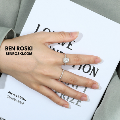 Emerald Cut Halo Moissanite Engagement Ring Sterling Silver, Gold, or Rose Gold | VVS1 Moissanite | GRA Certified