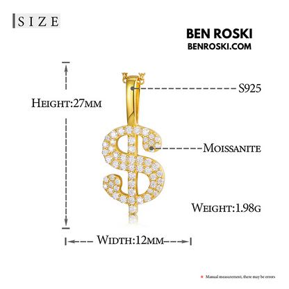 Dollar Sign Pendant Sterling Silver, Gold / Rose Gold Plated | VVS Moissanite | GRA Certified