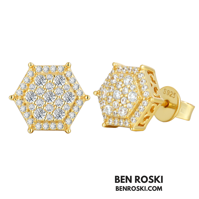 Hexagon Cluster Stud Earrings Sterling Silver, Gold, or Rose Gold Plated | VVS Moissanite | GRA Certified