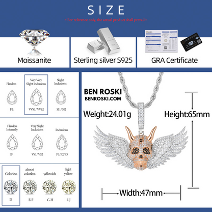 Moissanite Winged Skull Pendant Sterling Silver, Gold & Rose Gold Plated | VVS Moissanite | GRA Certified