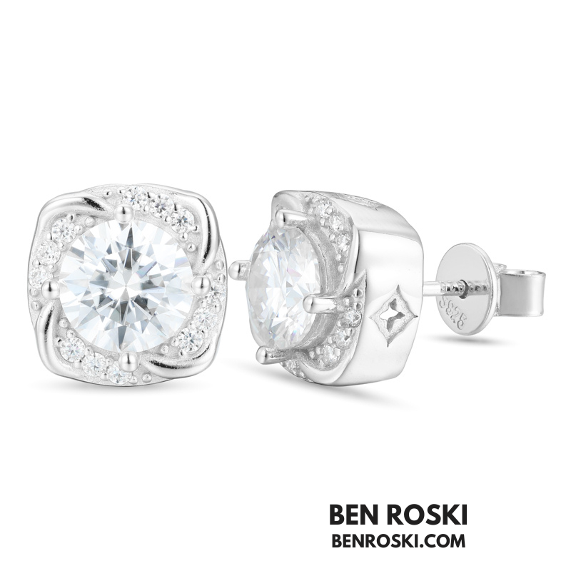 Moissanite Halo Stud Earrings Sterling Silver or Gold/Rose Gold Plated | VVS Moissanite | GRA Certified