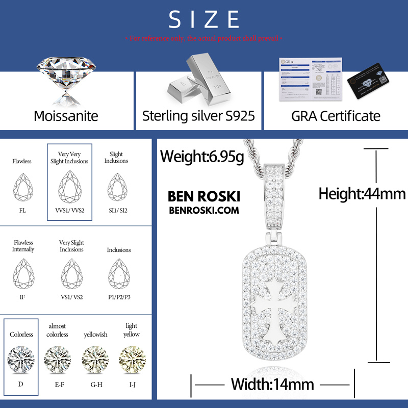 Iced Cross Dog Tag Pendant Sterling Silver, Gold & Rose Gold | VVS Moissanite | GRA Certified