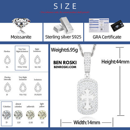 Iced Cross Dog Tag Pendant Sterling Silver, Gold & Rose Gold | VVS Moissanite | GRA Certified