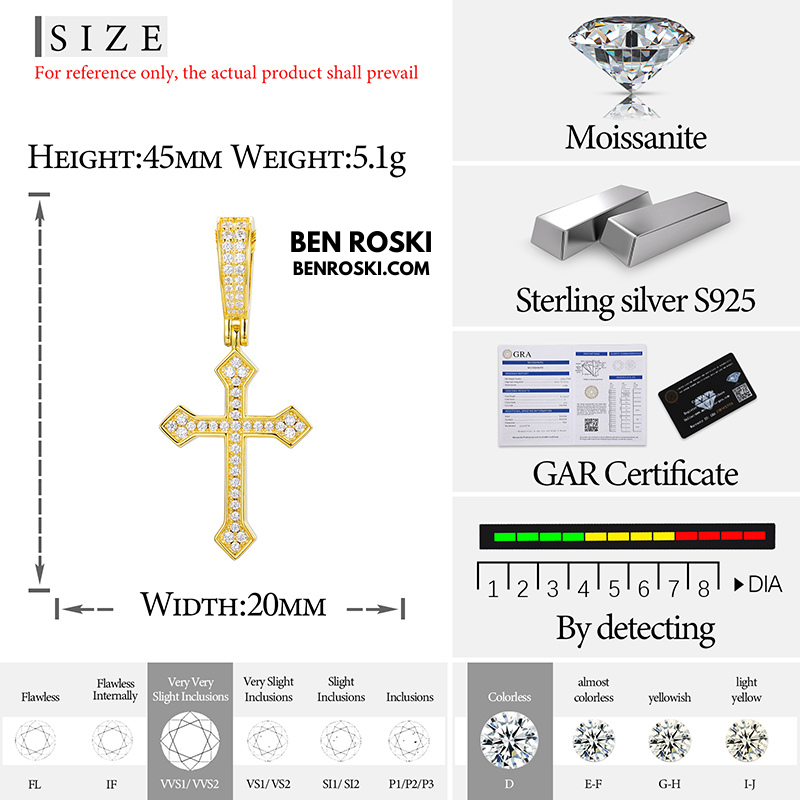 Moissanite Cross Pendant Sterling Silver or Gold/Rose Gold Plated | VVS1 Moissanite | GRA Certified