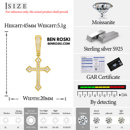 Moissanite Cross Pendant Sterling Silver or Gold/Rose Gold Plated | VVS1 Moissanite | GRA Certified