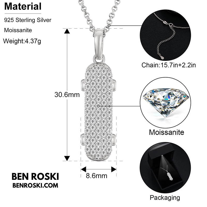 Skateboard Pendant Necklace Sterling Silver, Gold, or Rose Gold | VVS Moissanite | GRA Certified