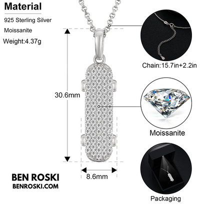 Skateboard Pendant Necklace Sterling Silver, Gold, or Rose Gold | VVS Moissanite | GRA Certified