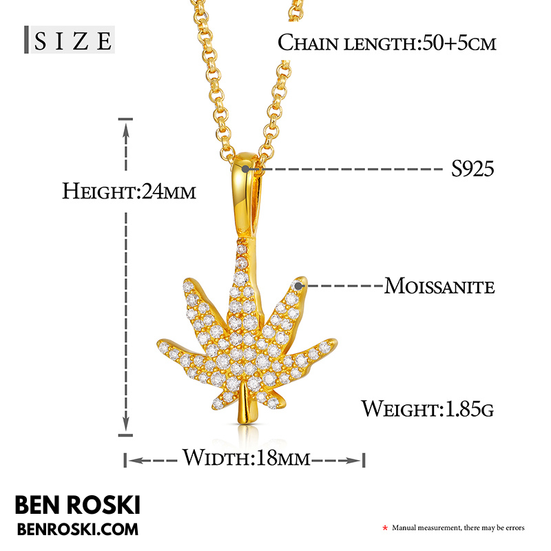 Cannabis Leaf Pendant Sterling Silver or Gold / Rose Gold Plated | VVS Moissanite | GRA Certified