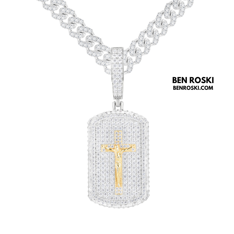 Crucifix Dog Tag Pendant Sterling Silver, Gold & Rose Gold | VVS Moissanite | GRA Certified