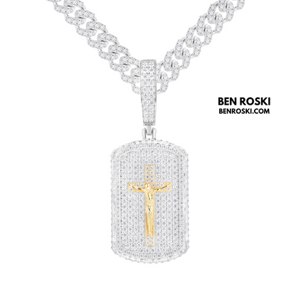Crucifix Dog Tag Pendant Sterling Silver, Gold & Rose Gold | VVS Moissanite | GRA Certified
