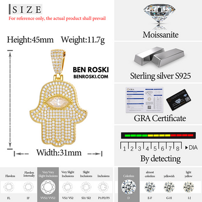 Hamsa Hand Moissanite Pendant Sterling Silver, Gold & Rose Gold | VVS Moissanite | GRA Certified