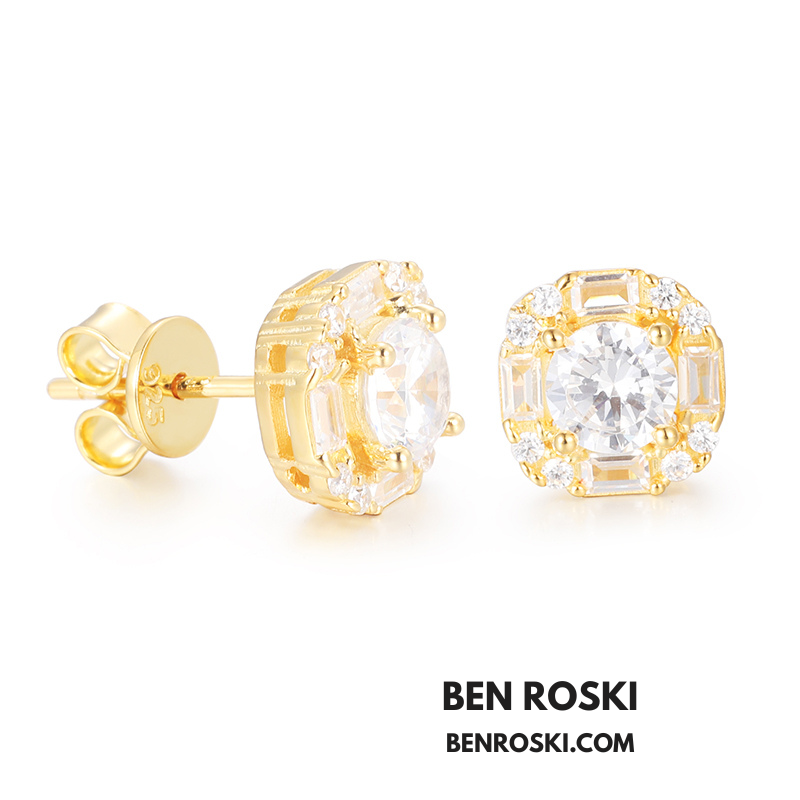 Baguette Halo Stud Earrings Sterling Silver or Gold/Rose Gold Plated | VVS Moissanites | GRA Certified