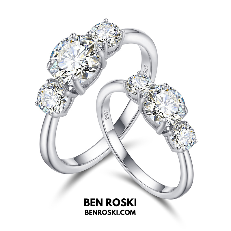 Three-Stone Moissanite Engagement Ring Sterling Silver, Gold & Rose Gold | GRA Certified