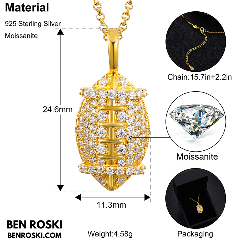 Moissanite Football Pendant Necklace Sterling Silver, Gold, or Rose Gold | VVS Moissanite | GRA Certified