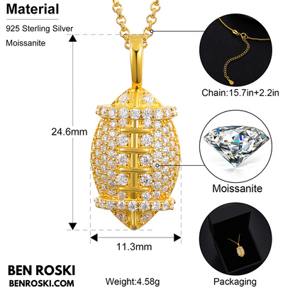 Moissanite Football Pendant Necklace Sterling Silver, Gold, or Rose Gold | VVS Moissanite | GRA Certified