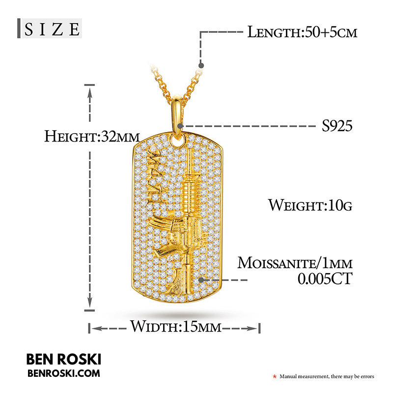 M4 Rifle Dog Tag Pendant Sterling Silver or Gold & Rose Gold Plated | VVS Moissanite | GRA Certified