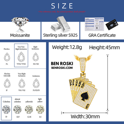 Playing Card Pendant Sterling Silver or Gold/Rose Gold Plated | VVS Moissanite | GRA Certified