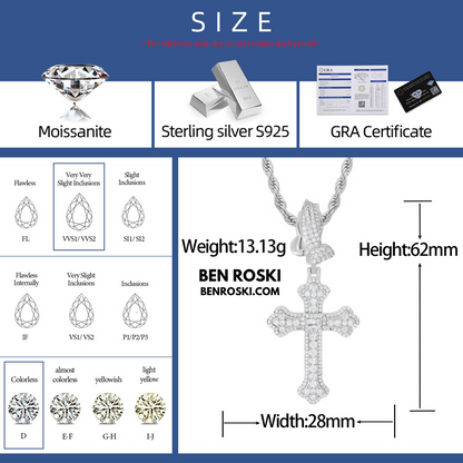 Moissanite Cross Pendant with Praying Hands Bail Sterling Silver, Gold, or Rose Gold | VVS Moissanite | GRA Certified