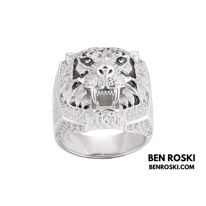 Iced-Out Tiger Head Ring Sterling Silver, Gold & Rose Gold | VVS Moissanite | GRA Certified